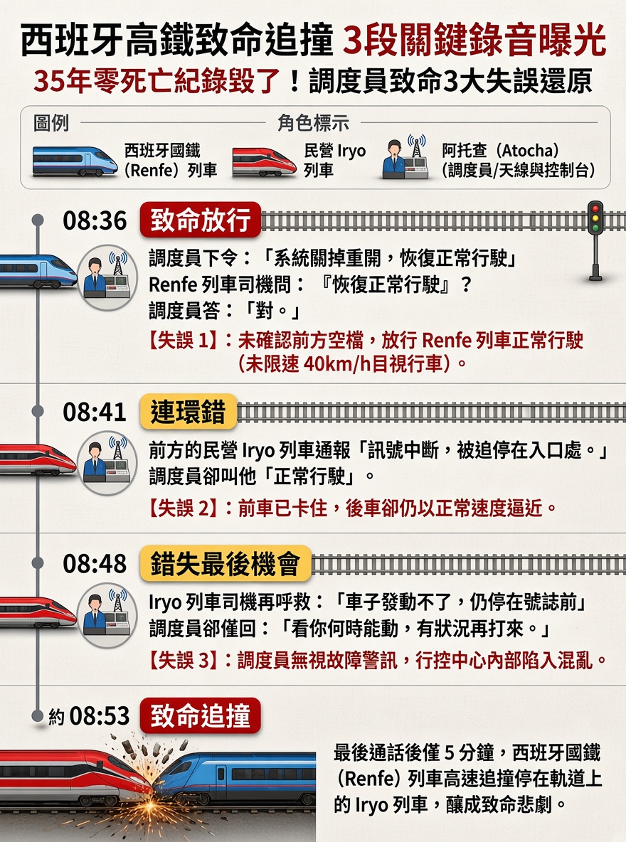 西班牙高鐵追撞釀至少68死 3段調度錄音曝光,事故前17分鐘發生什麼事?