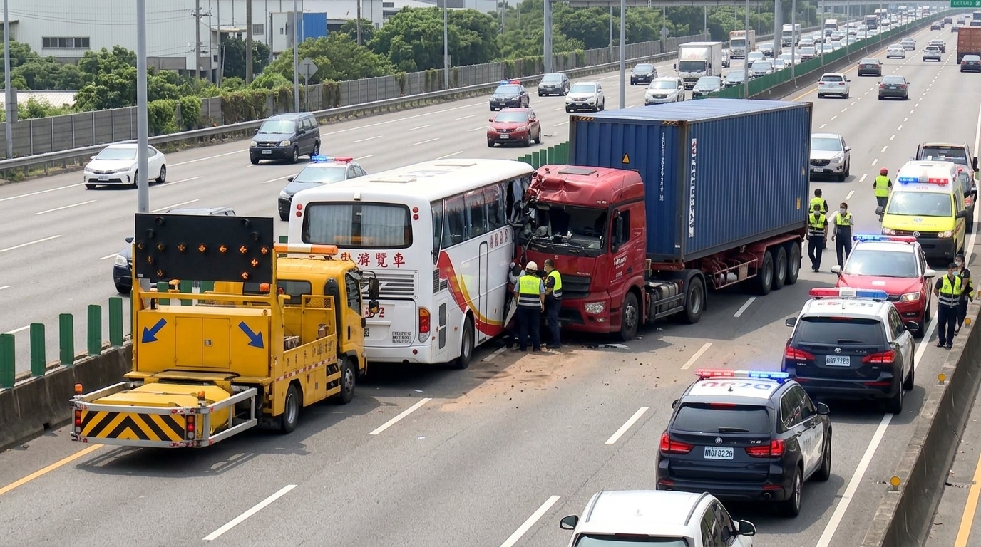 遊覽車追撞緩撞車再被貨櫃車追撞！　國道1號連環車禍4人受傷