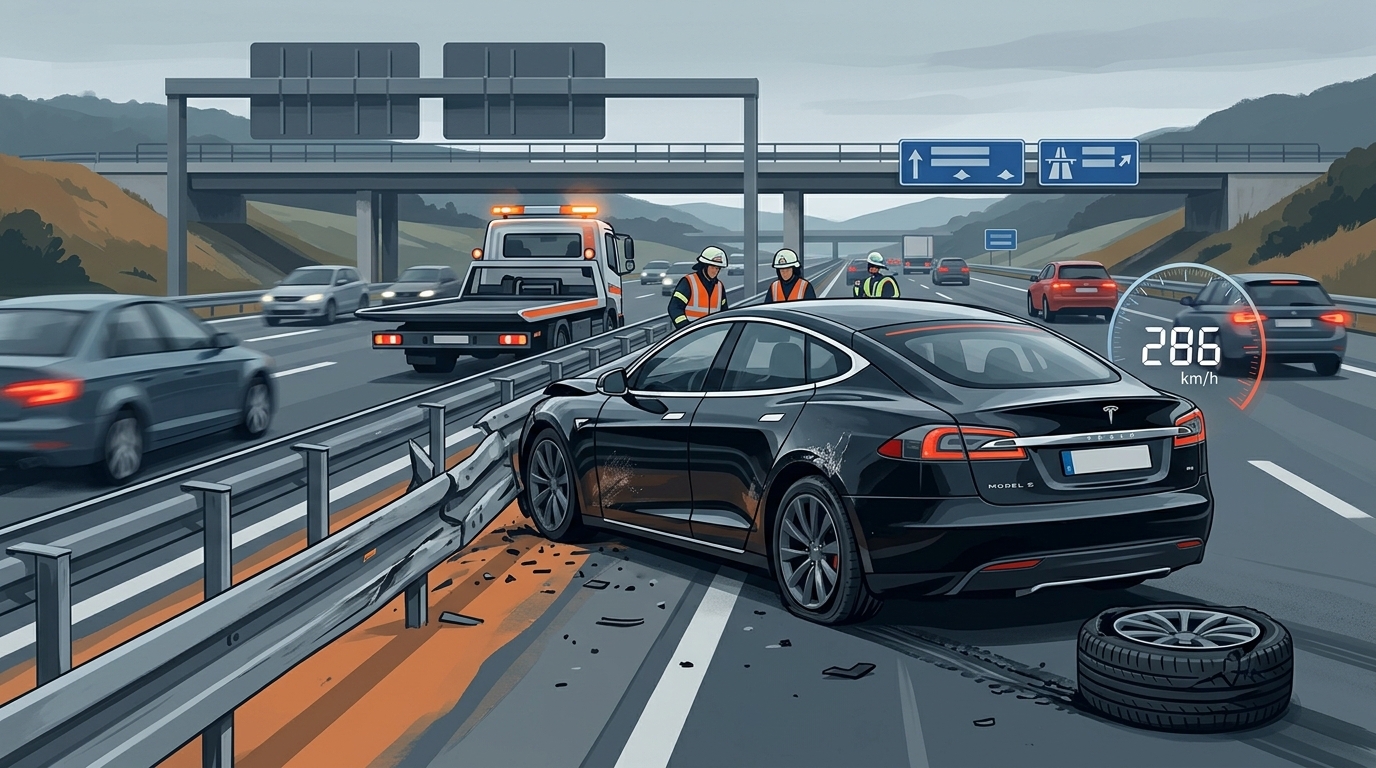 影／特斯拉Model S Plaid飆時速286公里　後輪突爆胎失控撞護欄！駕駛行車紀錄器影片瘋傳