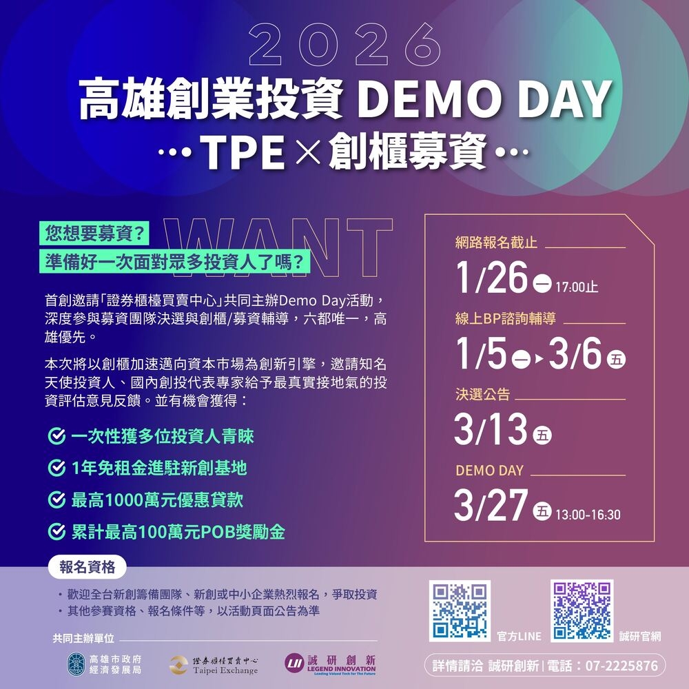 高市府攜手櫃買中心舉辦2026高雄創業投資DEMO DAY 助新創接軌資本市場與企業募資