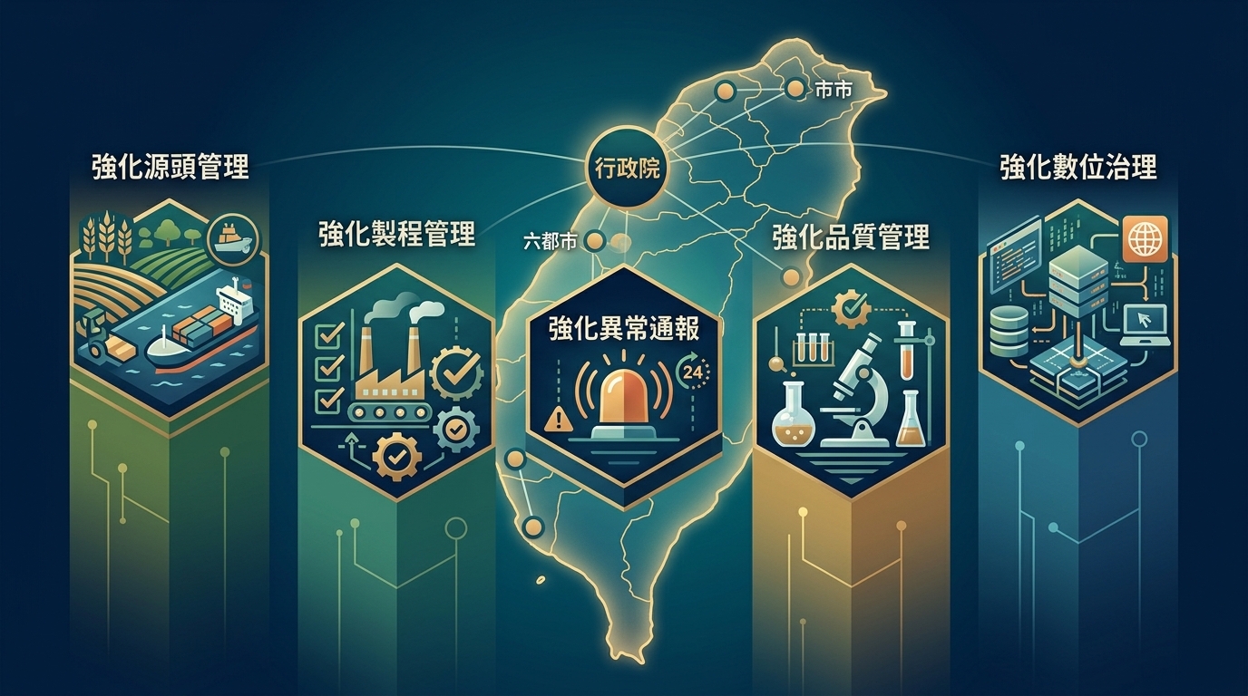 政院通過《食品安全衛生管理法》部分條文修正草案 強化源頭管理、製程管理、異常通報、品質管理及數位治理