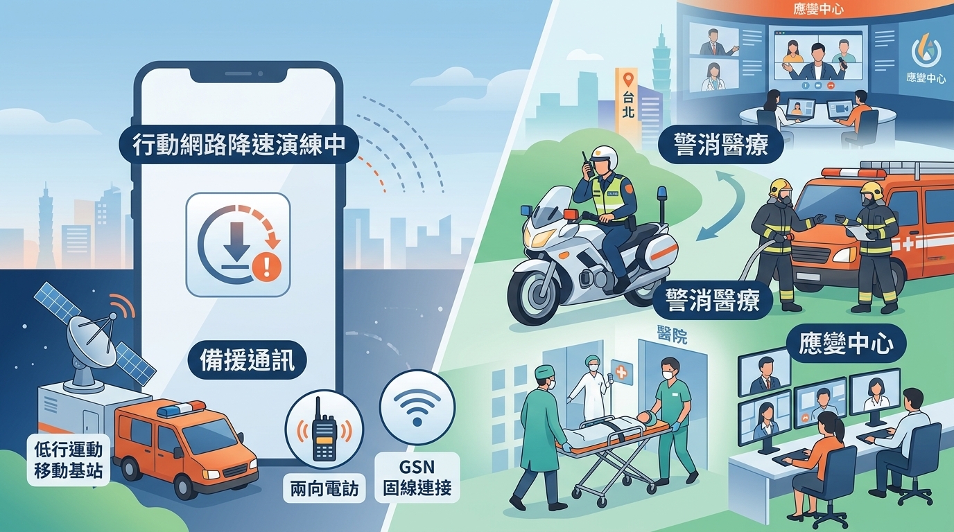 政院：我國首次行動網路降速演練順利完成　各項備援通訊即時啟動 警消醫療等重要公共服務不中斷 感謝國人共同參與與配合演練