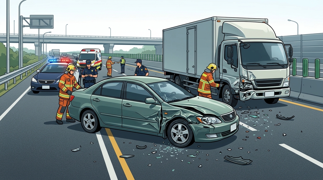 國1嘉義段驚險事故！轎車突從大貨車前橫向竄出　跨越車道後再遭後車撞上