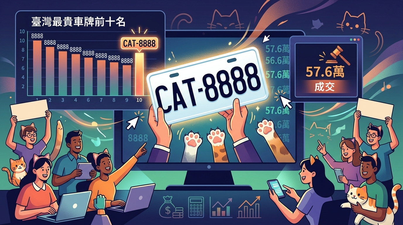 全臺貓奴暴動！夢幻車牌 CAT-8888 狂飆至57.6萬天價決標　強勢挺進臺灣最貴車牌前十名榜單