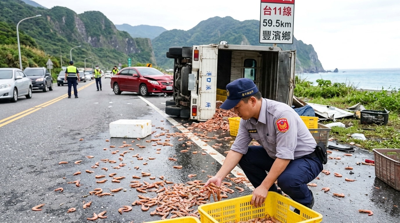 花蓮車禍蝦子掉滿地！　鳳林分局員警挽袖清理協助排除道路障礙