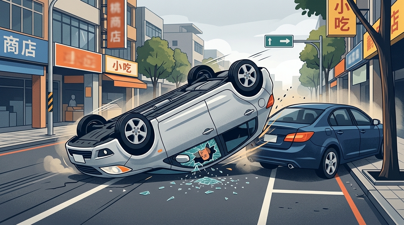 撞擊畫面曝光！桃園直行車被停車格切出車撞翻　駕駛手部被玻璃割傷  