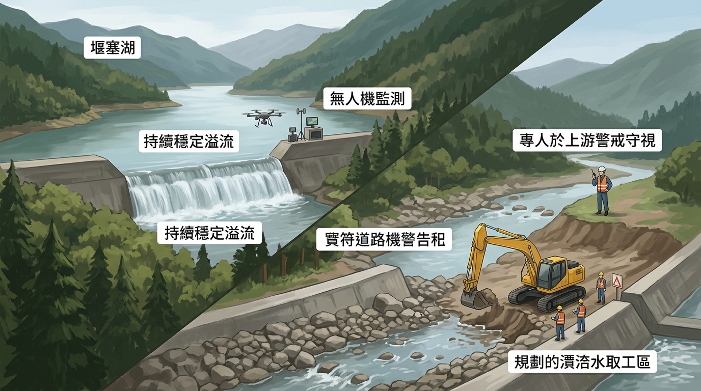 萬里溪堰塞湖持續穩定溢流 河道有條件開放灌溉取水施工