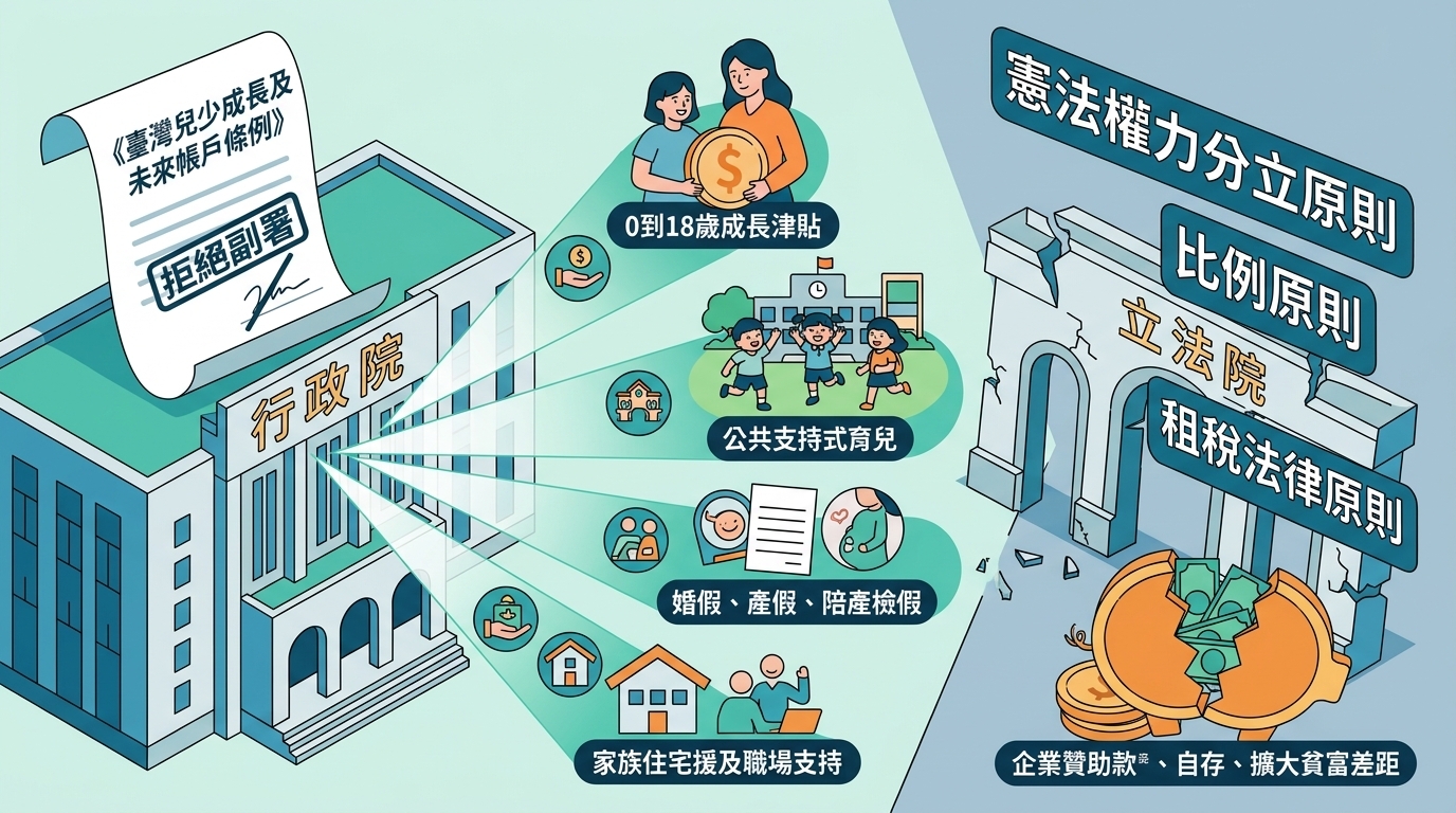 《臺灣兒少成長及未來帳戶條例》違反憲法權力分立原則、比例原則及租稅法律原則  行政院不予副署