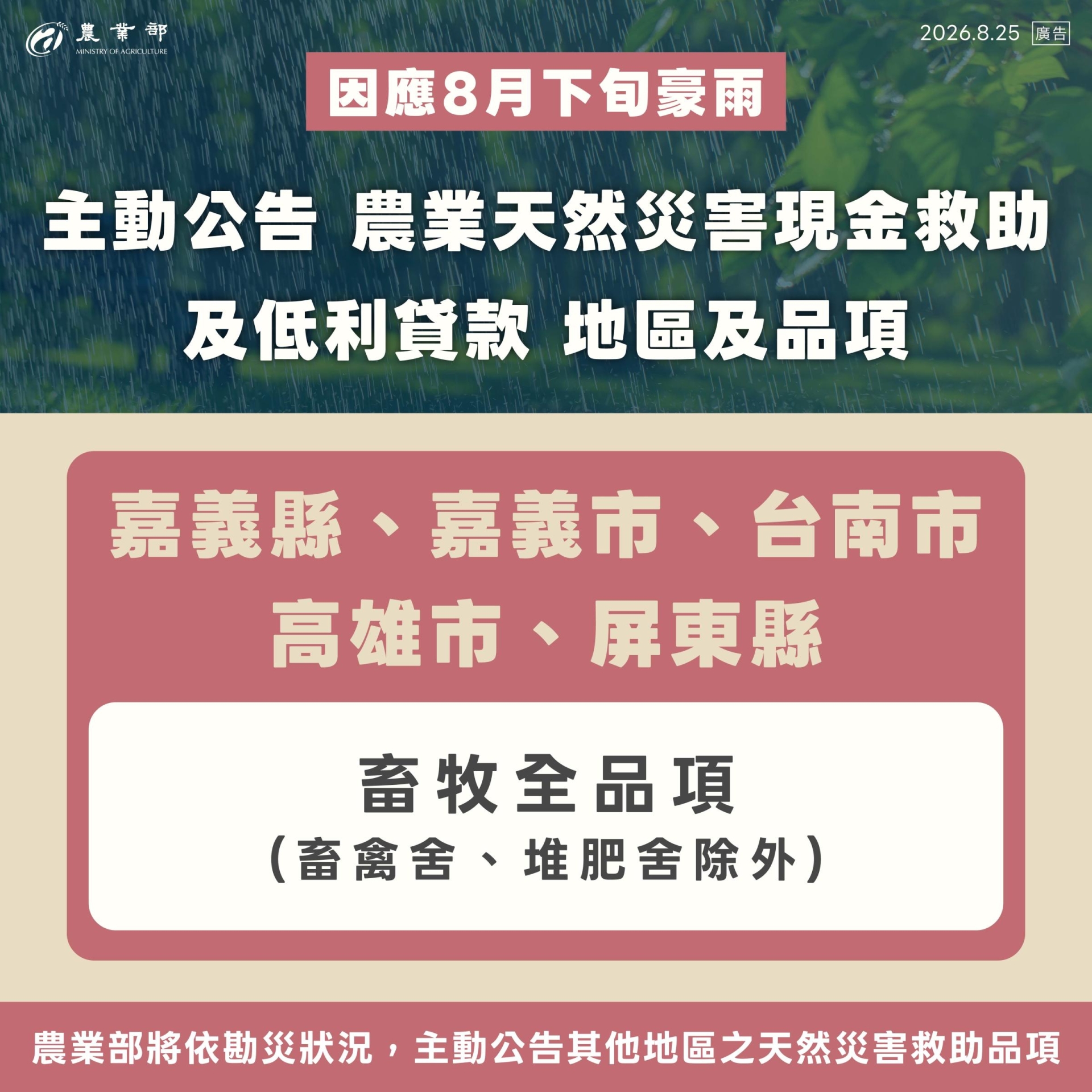 因應8月下旬豪雨災情  農業部主動公告第三波天然災害現金救助與低利貸款