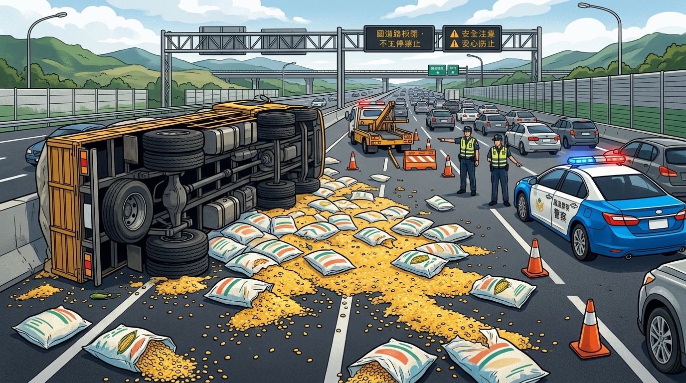 國道3號貨車爆胎翻覆！　袋裝玉米掉滿路面