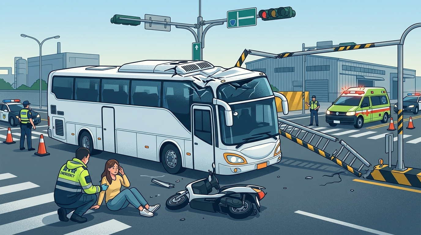 五股遊覽車撞限高桿車頂受損！　機車女騎士遭波及摔倒受傷