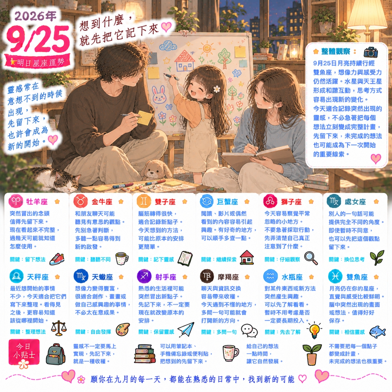 2026年9月25日星座運勢：月亮行經雙魚座，把握瞬間靈感隨手記錄