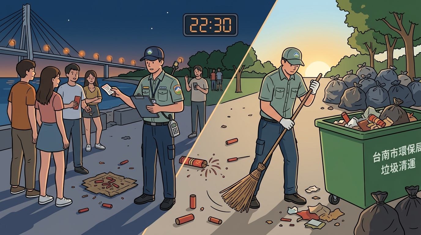 台南中秋連假嚴查深夜違規煙火 環保局開罰並清出近9噸垃圾