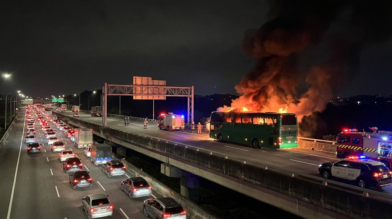 快訊／國1北上客運火燒車！高架楊梅端前起火　回堵2公里