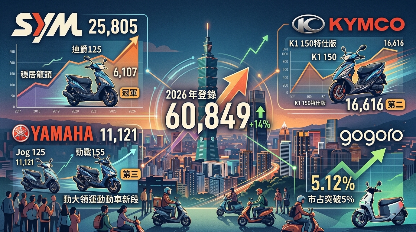 2026年4月臺灣機車交車量出爐：總掛牌數60849輛，年增14%買氣回溫，SYM穩居市場龍頭，Kymco K1 150熱銷奪冠，Gogoro市占突破5%