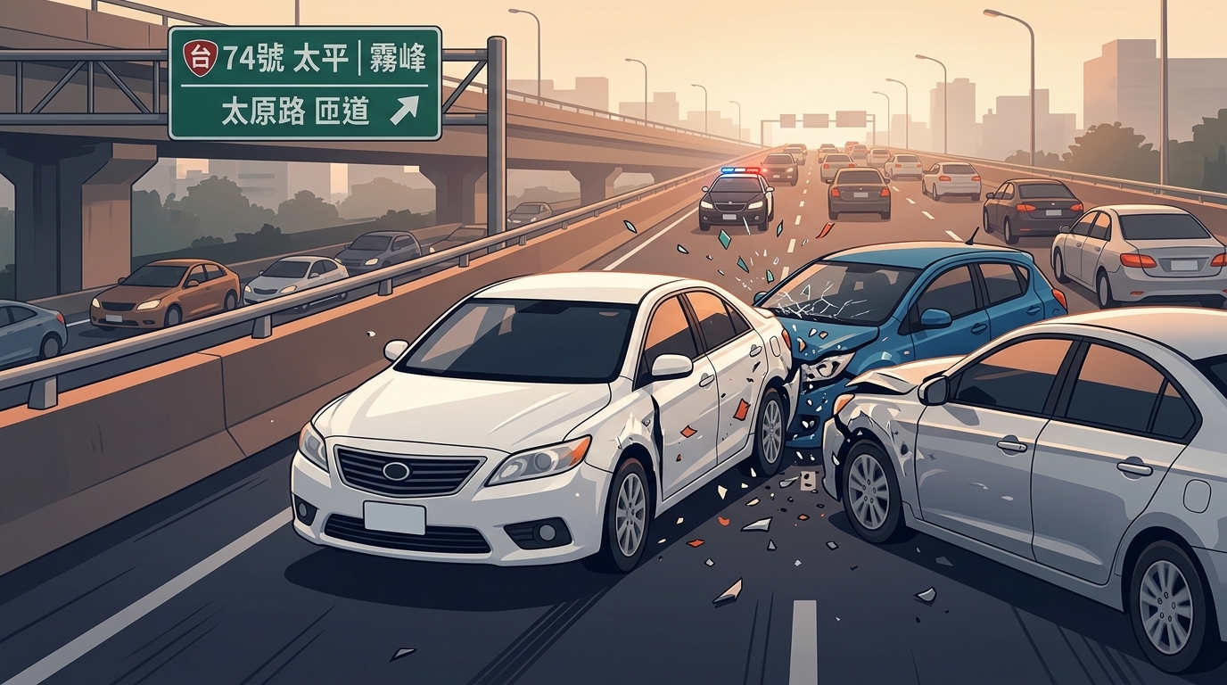 台74太原匝道前驚險連撞！轎車切換車道連碰2車　副駕女乘客受傷