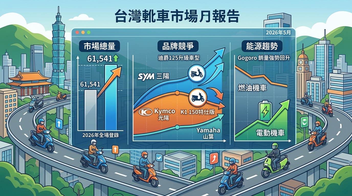 2026年5月臺灣機車交車量出爐：總掛牌61541輛，SYM穩居第一，Kymco K1 150熱銷破五千，Gogoro銷量強勢回升