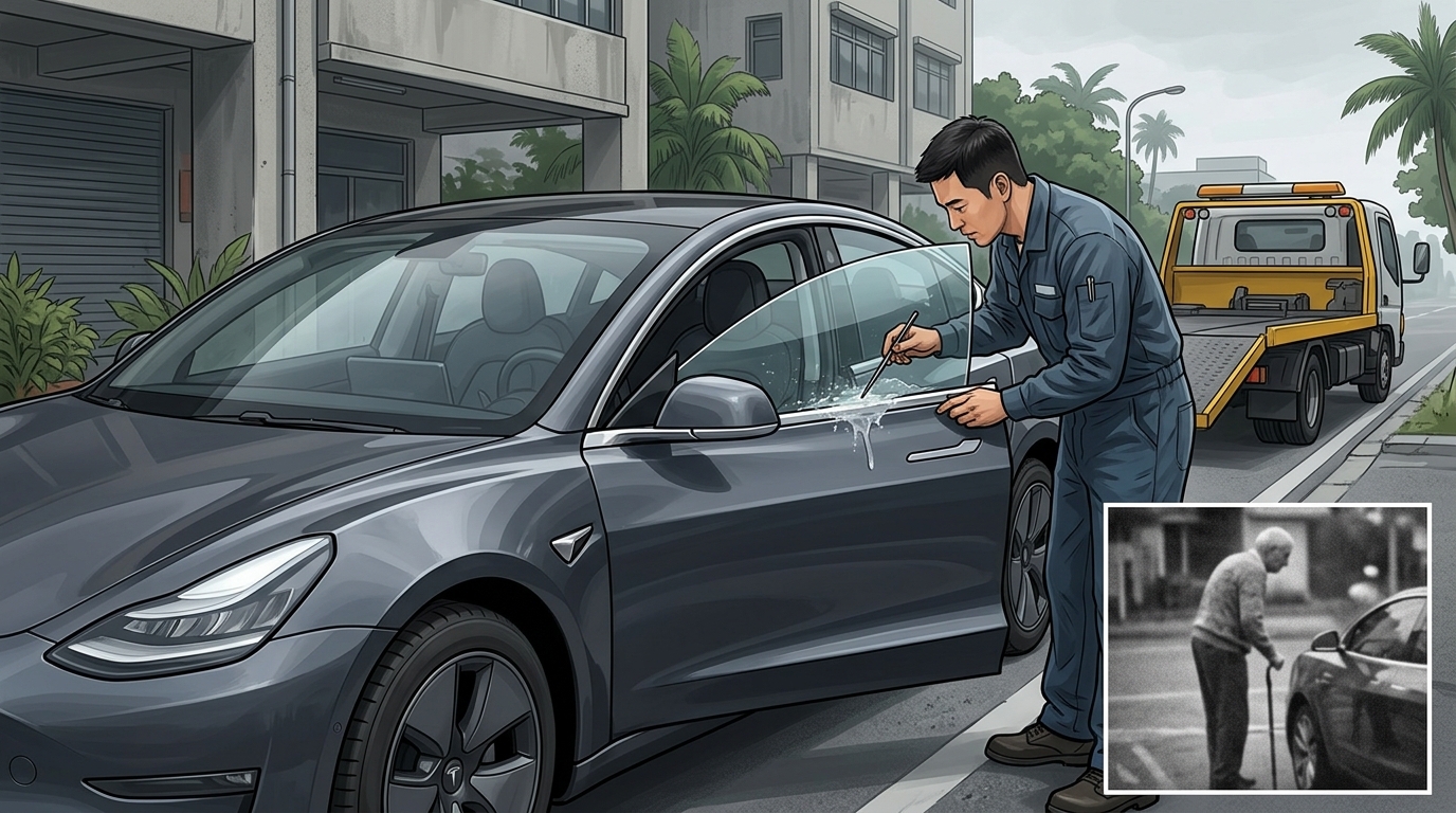 影／停路邊被阿伯灌三秒膠　特斯拉車門關不起來無法行駛！車主怒提告毀損