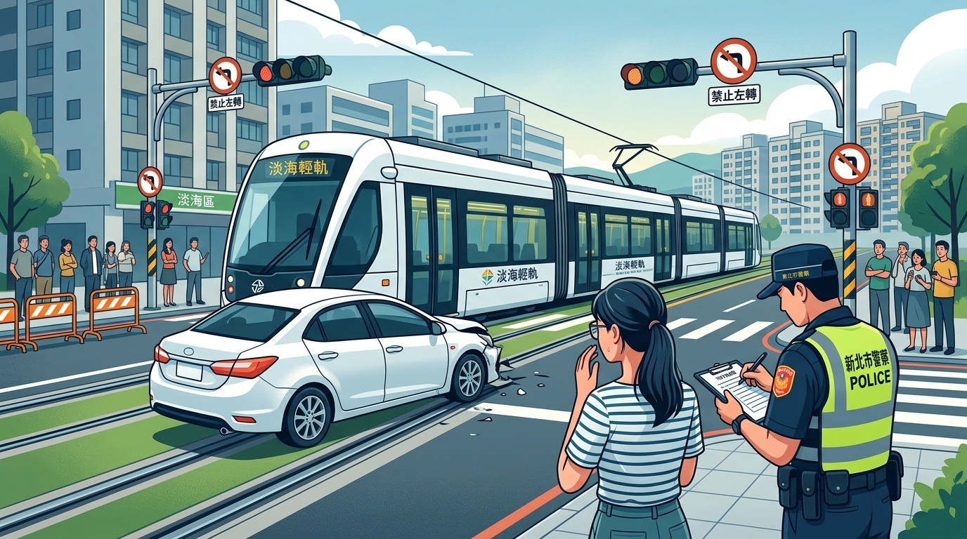 淡海輕軌撞轎車！女駕駛未依號誌、標誌轉彎闖軌道　警方開單