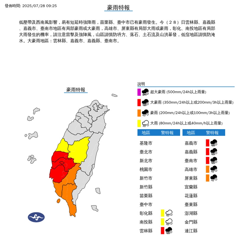 豪大雨增強  嘉義縣全縣 雲林水林鄉 台南後壁 今天停班停課