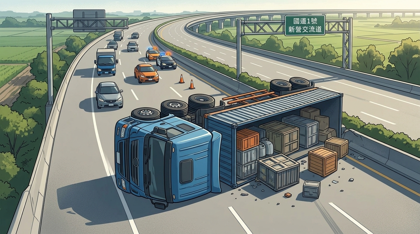 國1新營段拖板車翻覆！占中、外線　大型車四輪朝天