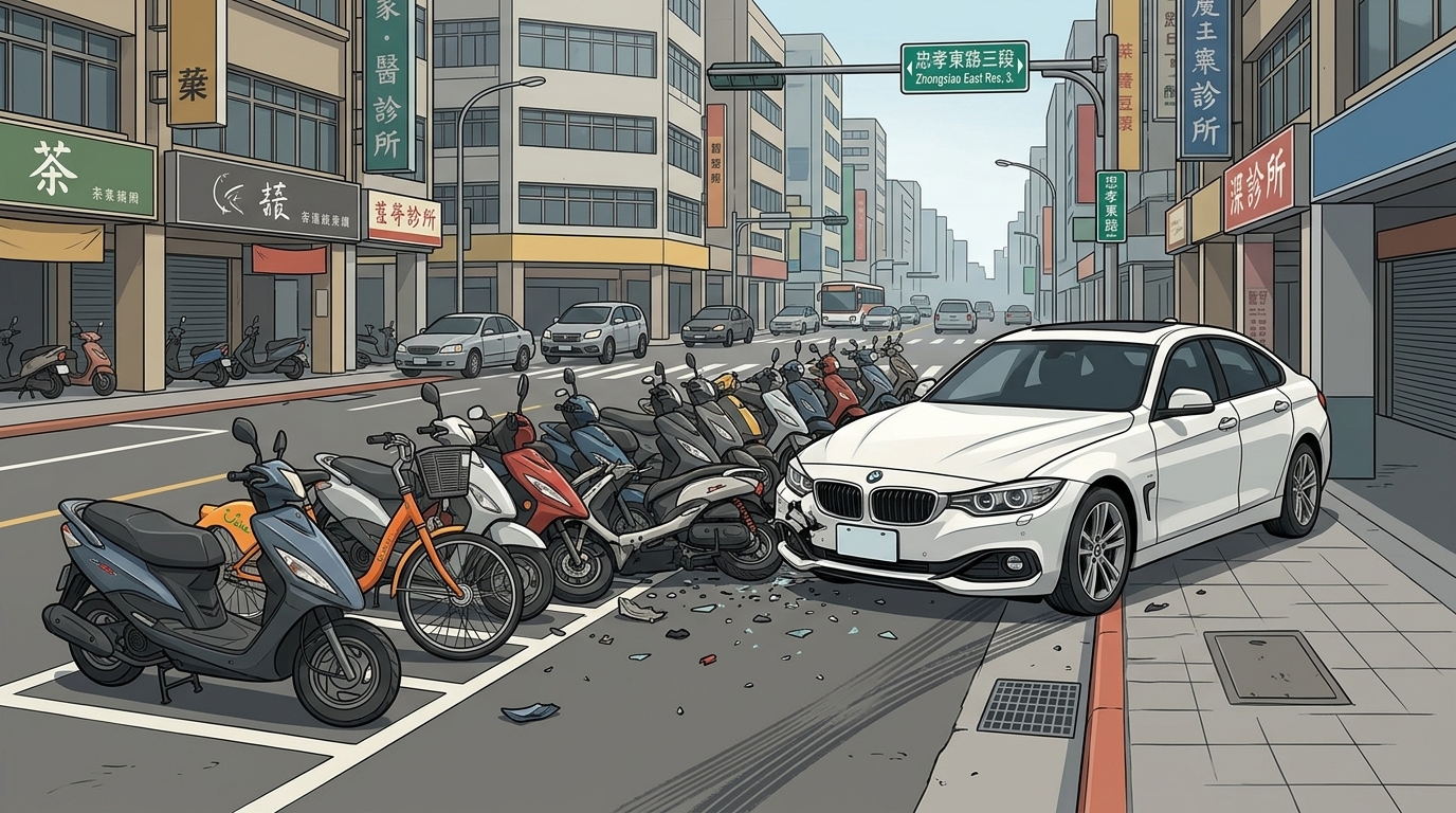 北市忠孝東路BMW衝撞13輛機車與單車 駕駛查看後肇逃警追查中