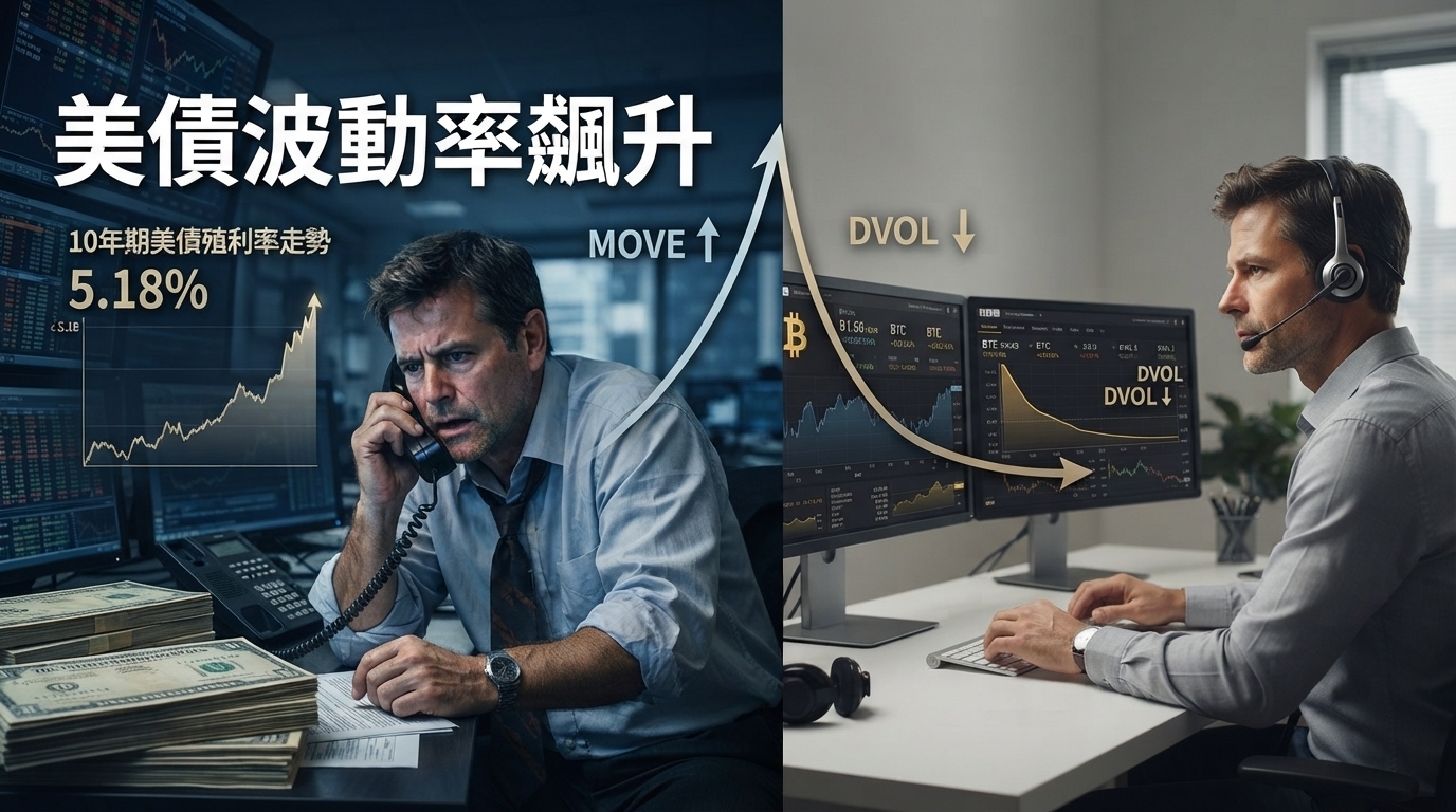 美債波動率MOVE兩日飆升33%！公債殖利率衝5.18% 比特幣DVOL反逼近低點