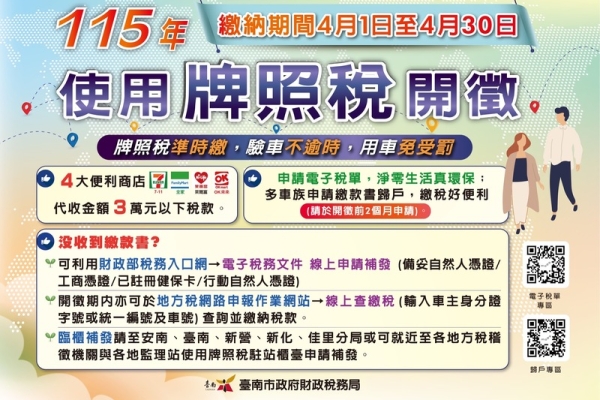 臺南市府提醒4月1日牌照稅正式開徵　多元繳納方式提升便利性　電子稅單落實環保與數位化
