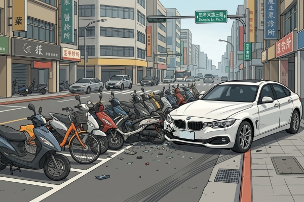 北市忠孝東路BMW衝撞13輛機車與單車 駕駛查看後肇逃警追查中