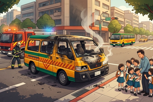 新店娃娃車被烈焰濃煙呑噬！　駕駛及車內10名幼童即時逃出無傷亡