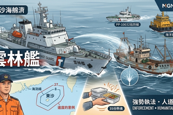 海巡署雲林艦東沙海域噴水驅離越界中國漁船 兼顧人道救援