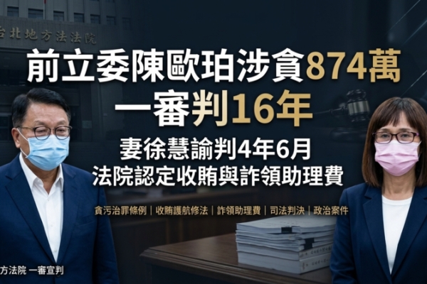 前民進黨立委陳歐珀涉貪874萬一審判16年　妻徐慧諭判4年6月