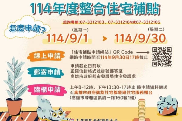 114年高雄自購住宅貸款利息補貼全面開跑　經濟弱勢享最低1.187%超低利率　申請至9月底截止