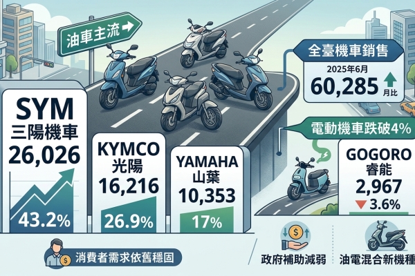 2025年6月臺灣機車品牌銷售排行出爐！傳統油車壓倒電動 SYM穩居第一、光陽山葉緊追、Gogoro跌破4%