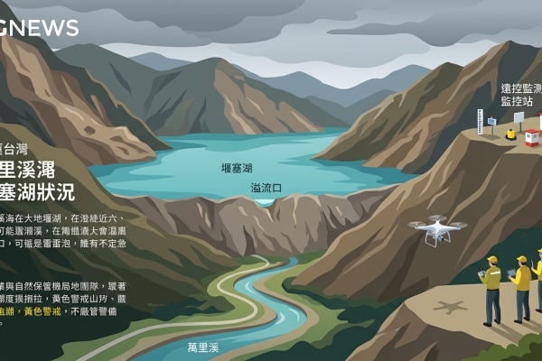 萬里溪堰塞湖水位接近溢流口 維持黃色警戒嚴密戒備