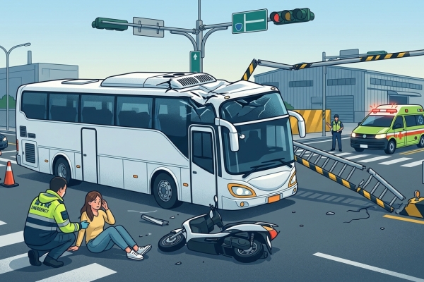 五股遊覽車撞限高桿車頂受損！　機車女騎士遭波及摔倒受傷
