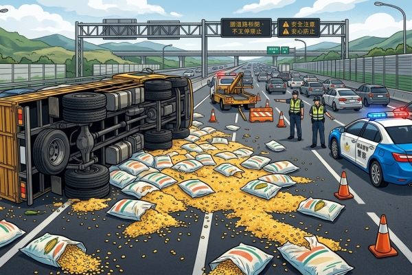 國道3號貨車爆胎翻覆！　袋裝玉米掉滿路面