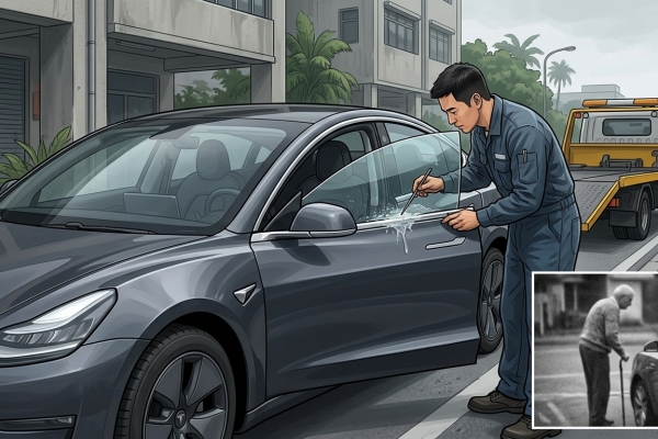 影／停路邊被阿伯灌三秒膠　特斯拉車門關不起來無法行駛！車主怒提告毀損