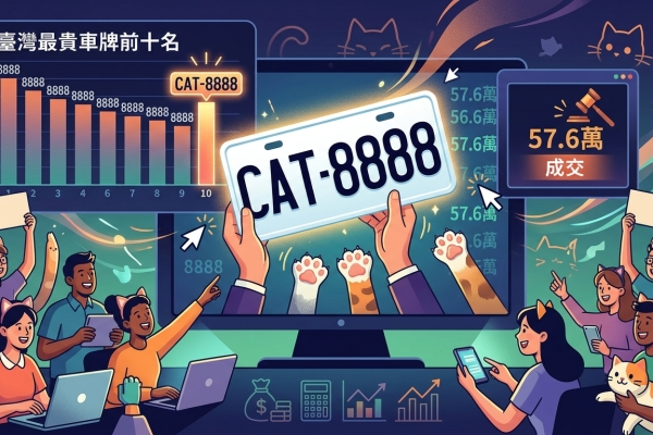 全臺貓奴暴動！夢幻車牌 CAT-8888 狂飆至57.6萬天價決標　強勢挺進臺灣最貴車牌前十名榜單