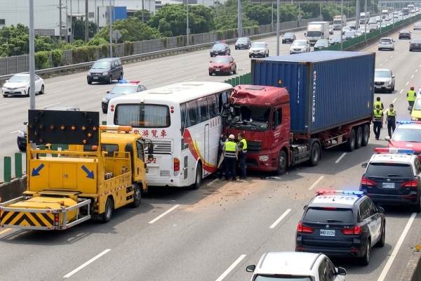 遊覽車追撞緩撞車再被貨櫃車追撞！　國道1號連環車禍4人受傷