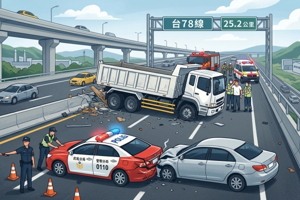 台78線大貨車爆胎撞護欄 處理警車警戒遭後方小客車追撞