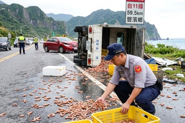 花蓮車禍蝦子掉滿地！　鳳林分局員警挽袖清理協助排除道路障礙