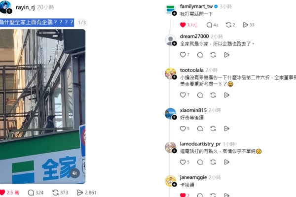 台北全家超商屋頂驚見「企鵝」 Threads貼文爆紅引來官方小編朝聖