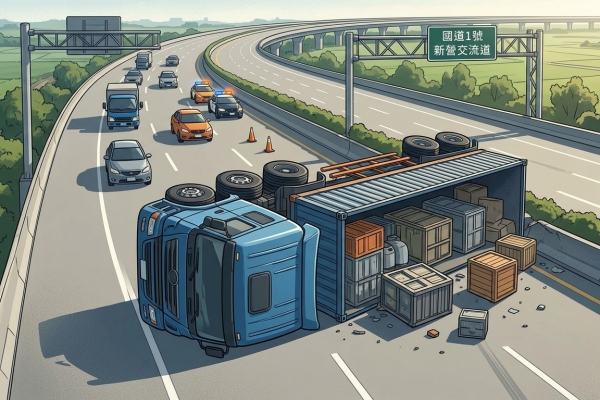 國1新營段拖板車翻覆！占中、外線　大型車四輪朝天
