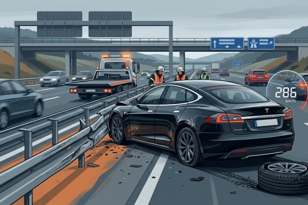 影／特斯拉Model S Plaid飆時速286公里　後輪突爆胎失控撞護欄！駕駛行車紀錄器影片瘋傳
