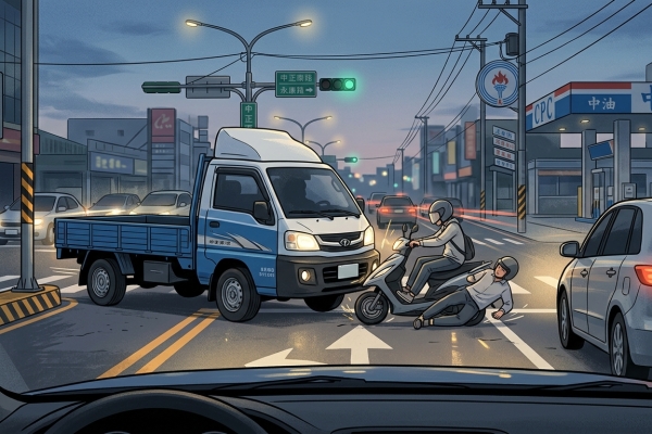 台南永康小貨車右轉撞機車 騎士驚險倒地畫面曝光
