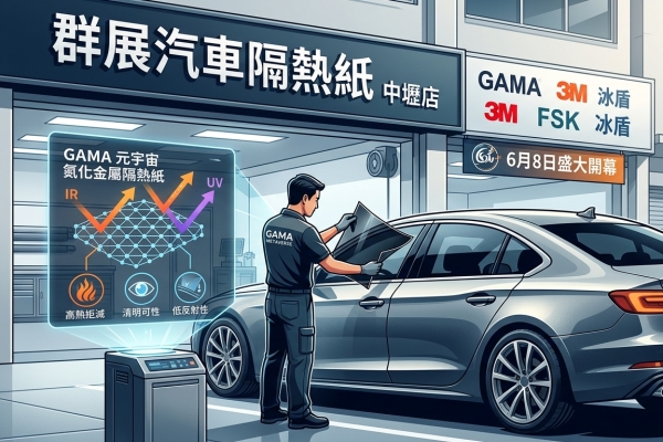 群展汽車隔熱紙中壢店6月8日盛大開幕，結合GAMA元宇宙氮化金屬隔熱紙打造頂尖隔熱防曬方案，桃園地區汽車隔熱紙首選