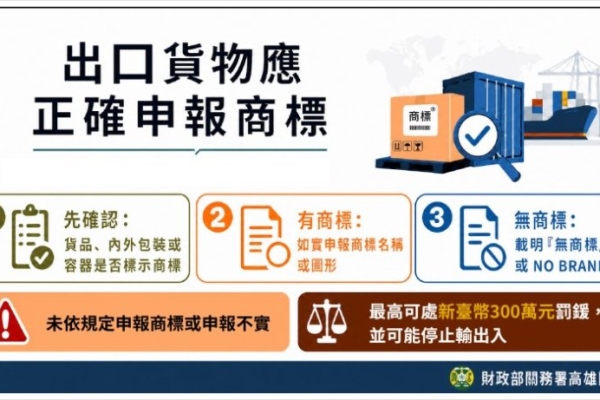 高雄關籲請業者報運貨物出口應依規定正確申報商標  以免受罰
