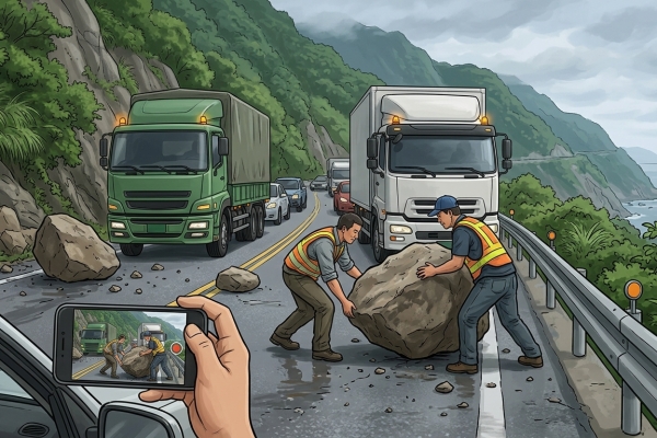蘇花公路落石擋道 雙向大貨車司機合力搬離暖舉曝光