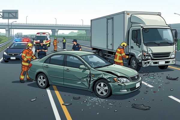 國1嘉義段驚險事故！轎車突從大貨車前橫向竄出　跨越車道後再遭後車撞上